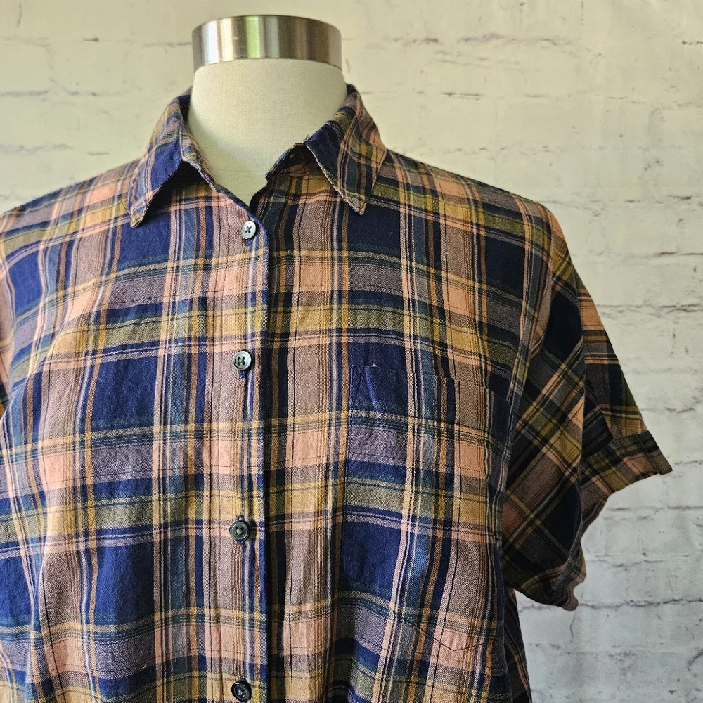 Madewell Plaid Tie Hem Button Front Short Sleeve Shirt Navy Blue Peach Medium - Picture 3 of 12